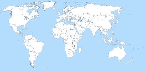 A large blank world map with oceans marked in blue